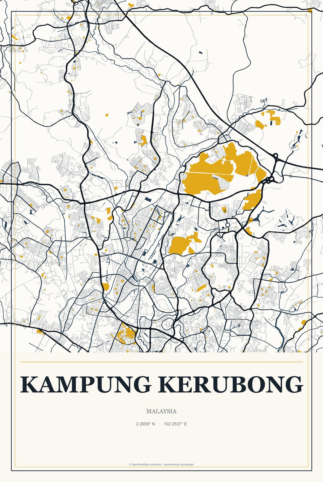 Kampung Kerubong, Malaysia City Map Aluminum Sign in Citrine Modern style