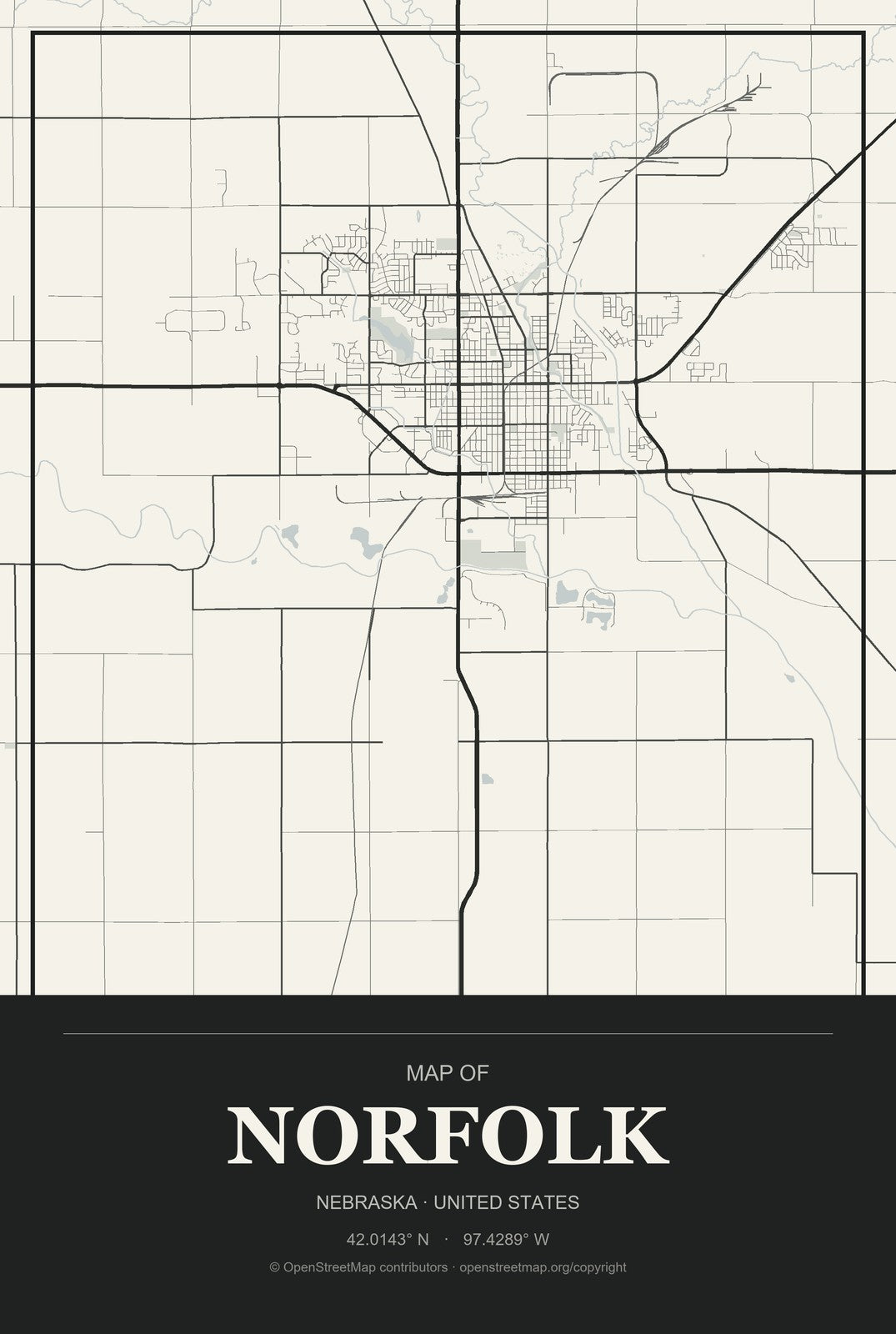 Norfolk, Nebraska City Map Aluminum Sign in Museum Plaque style
