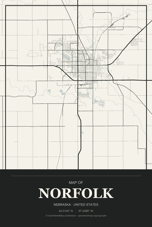 Norfolk, Nebraska City Map Aluminum Sign in Museum Plaque style