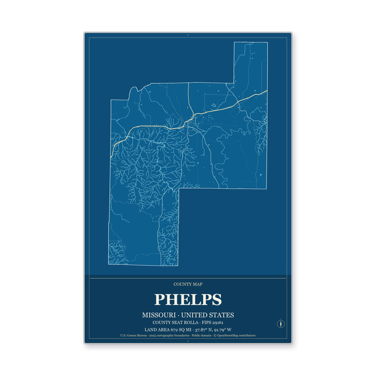 Phelps County, Missouri Map Aluminum Sign in Harbor Cobalt style