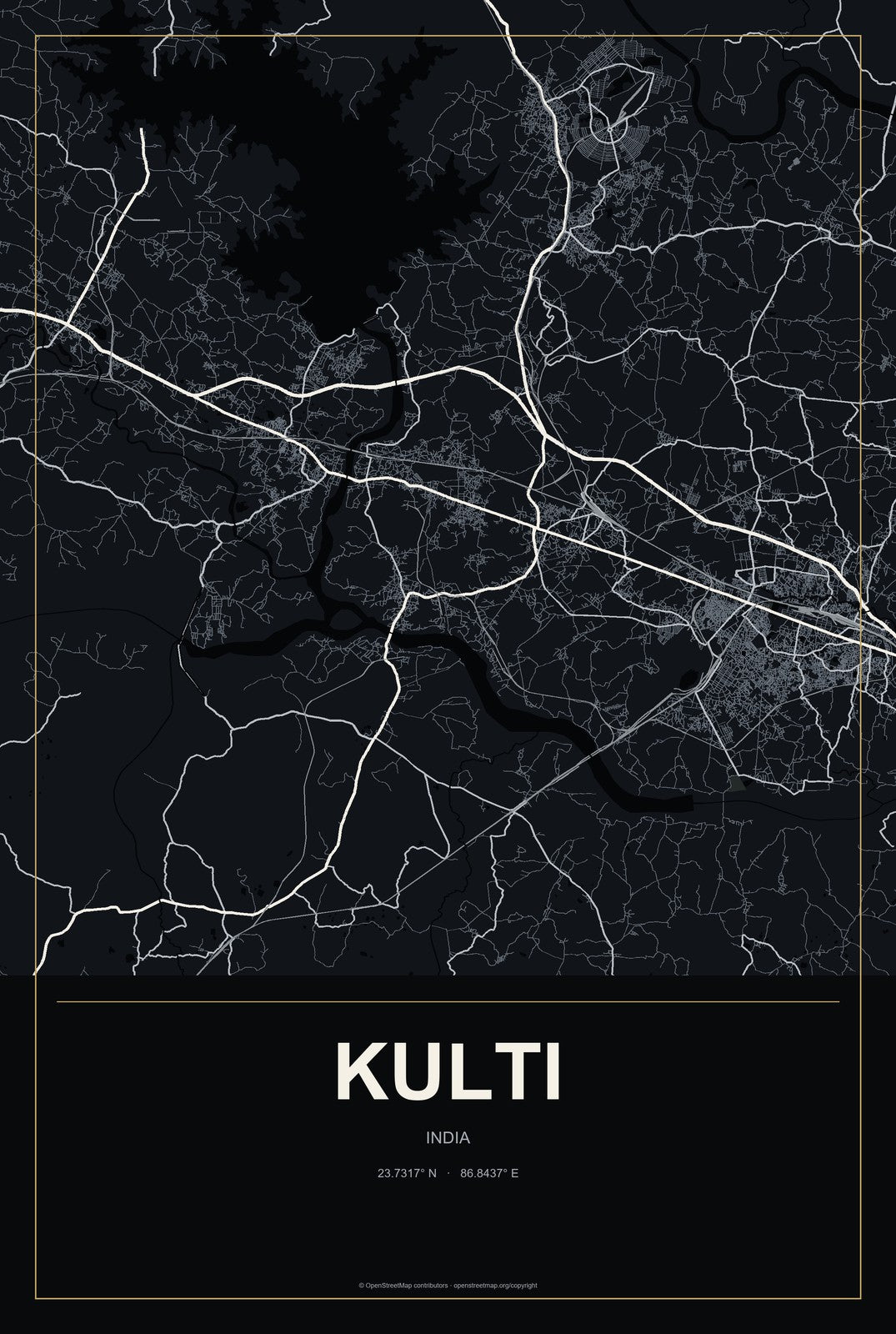 Kulti, India City Map Aluminum Sign in Metropolitan Noir style