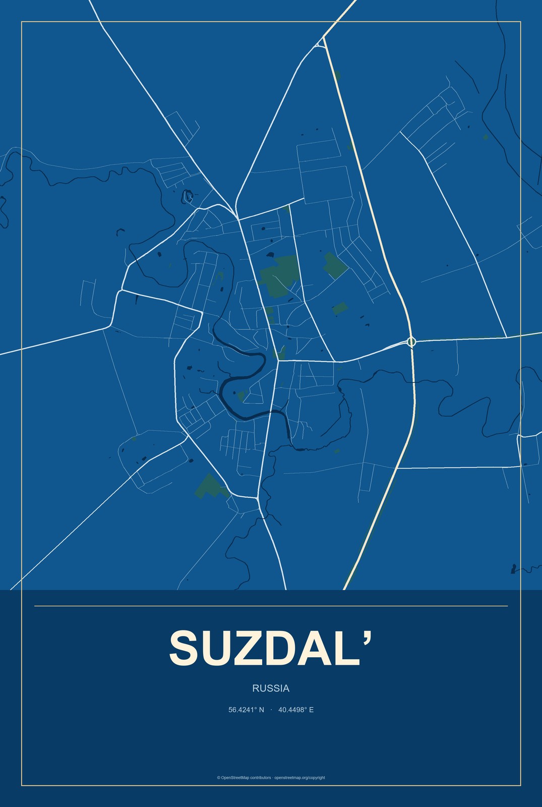 Suzdal’, Russia City Map Aluminum Sign in Harbor Cobalt style