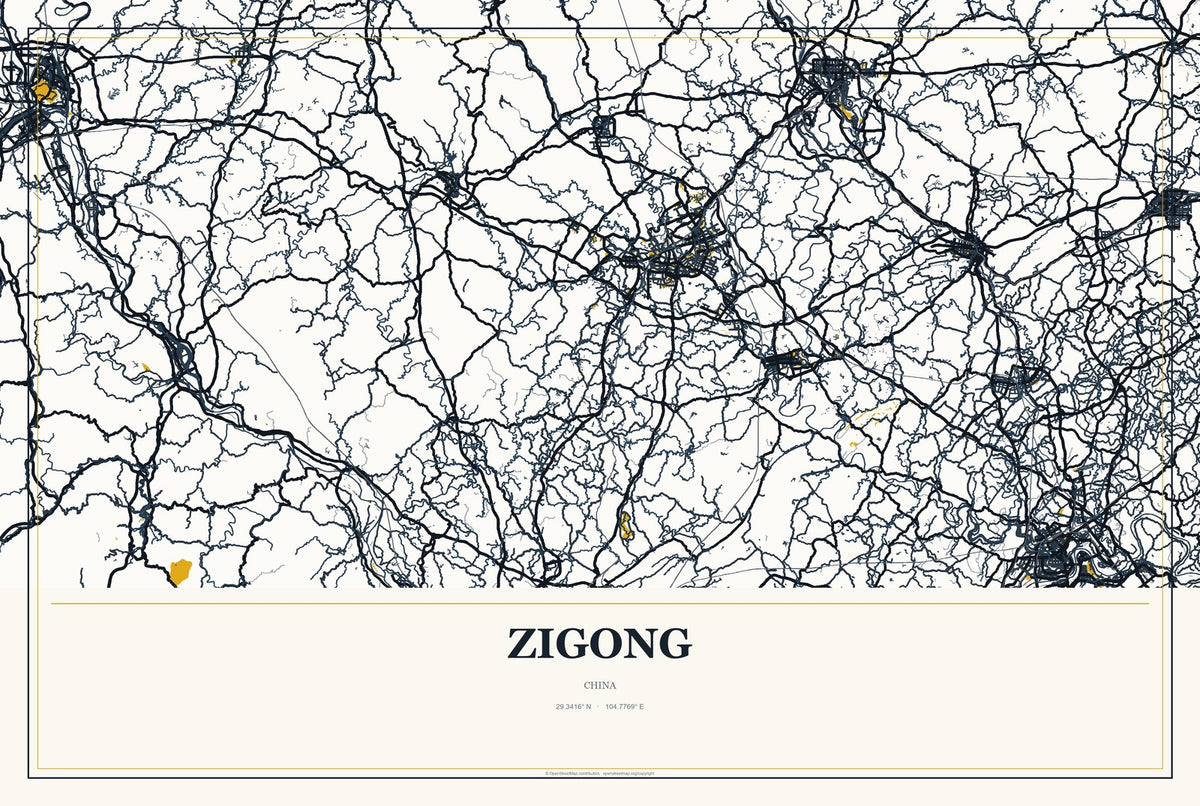 Zigong, China City Map Aluminum Sign in Citrine Modern style