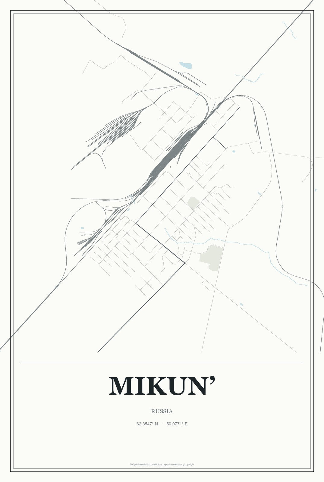 Mikun’, Russia City Map Aluminum Sign in Gallery Air style