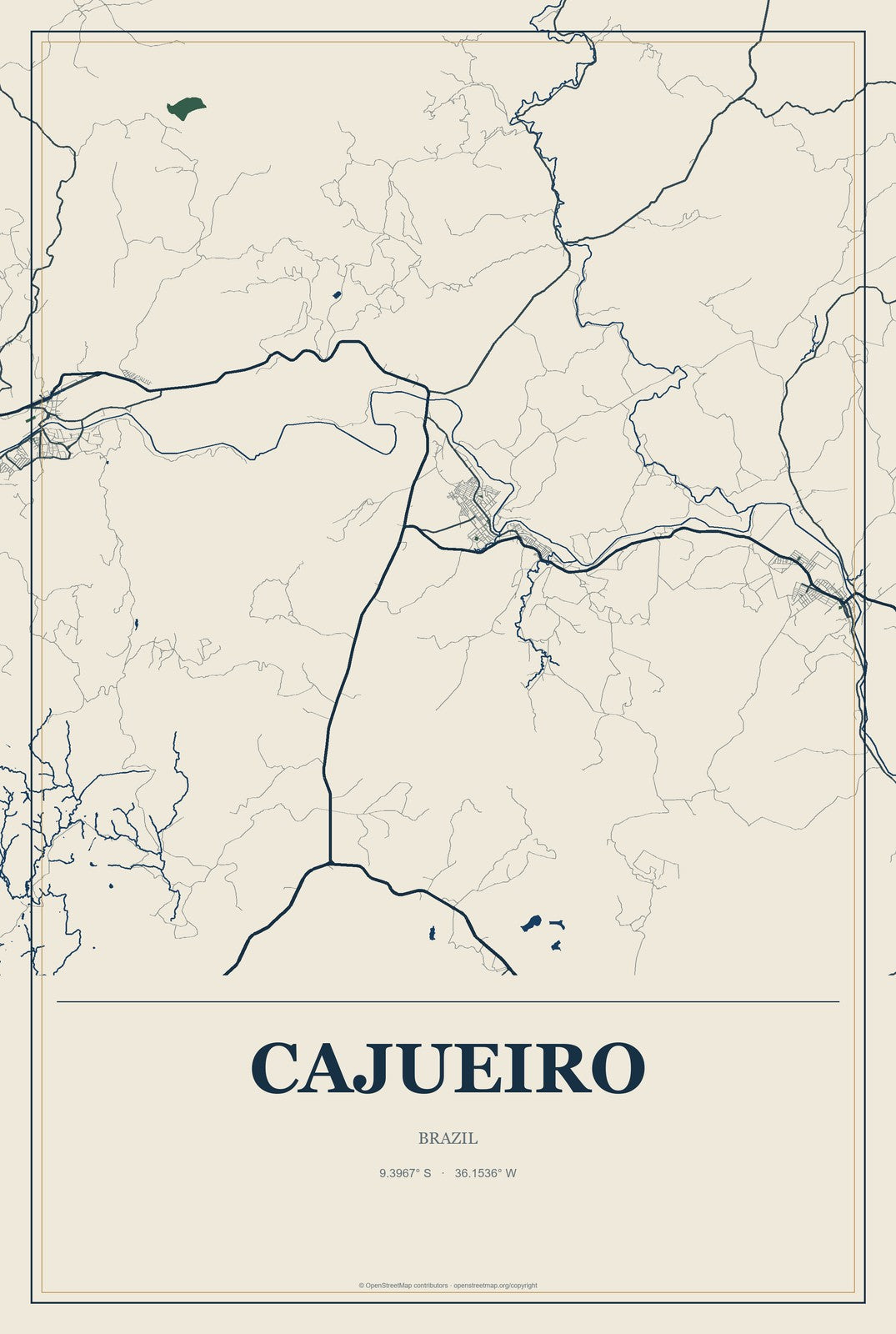Cajueiro, Brazil City Map Aluminum Sign in Coastal Cutout style
