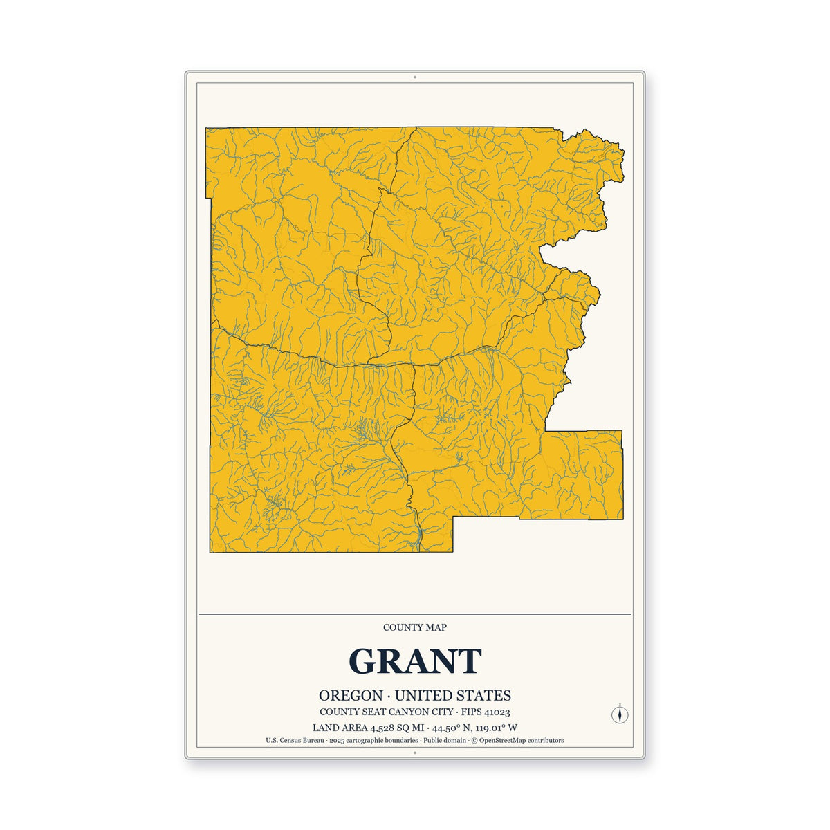 Grant County, Oregon Map Aluminum Sign in Citrine Modern style