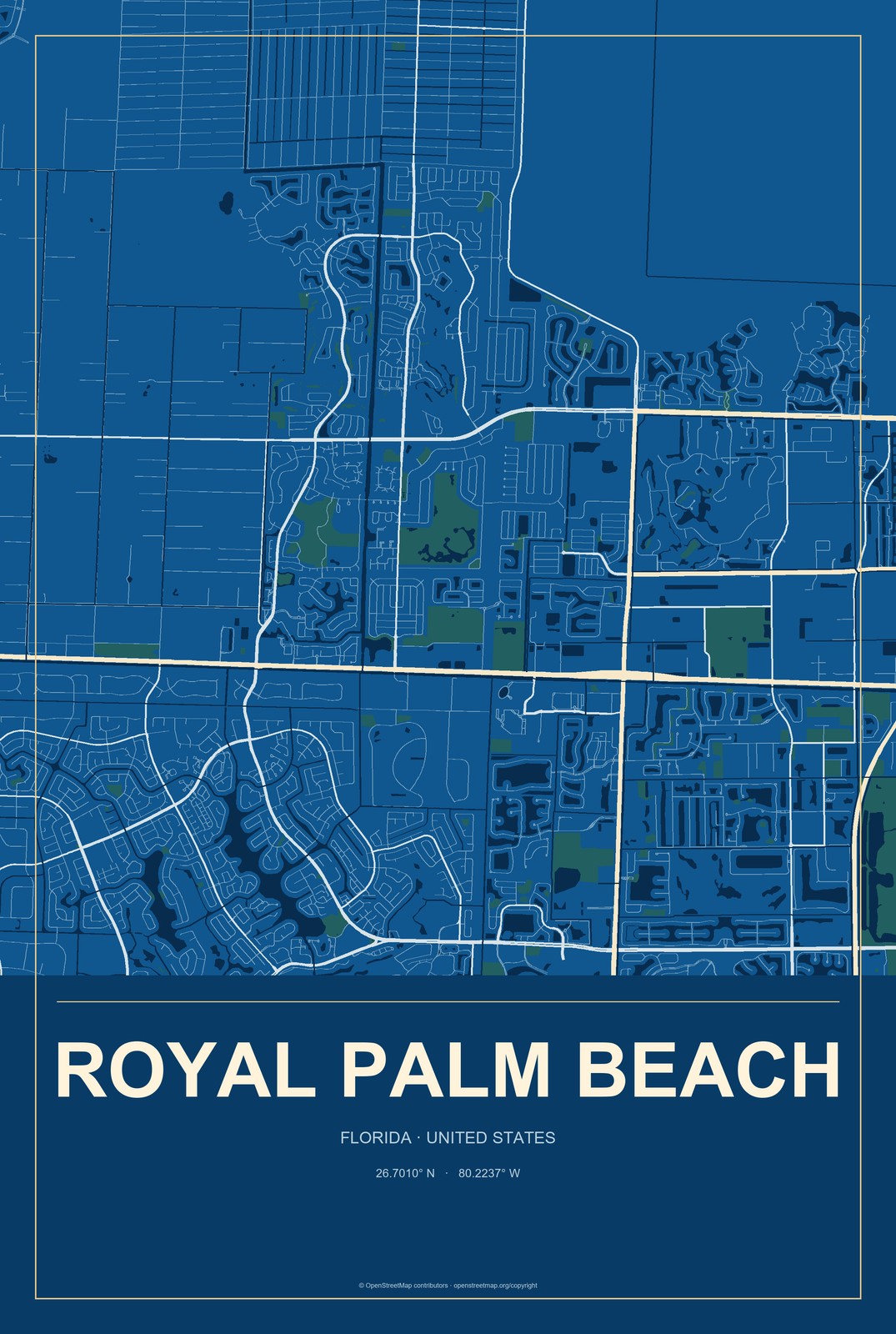 Royal Palm Beach, Florida City Map Aluminum Sign in Harbor Cobalt style