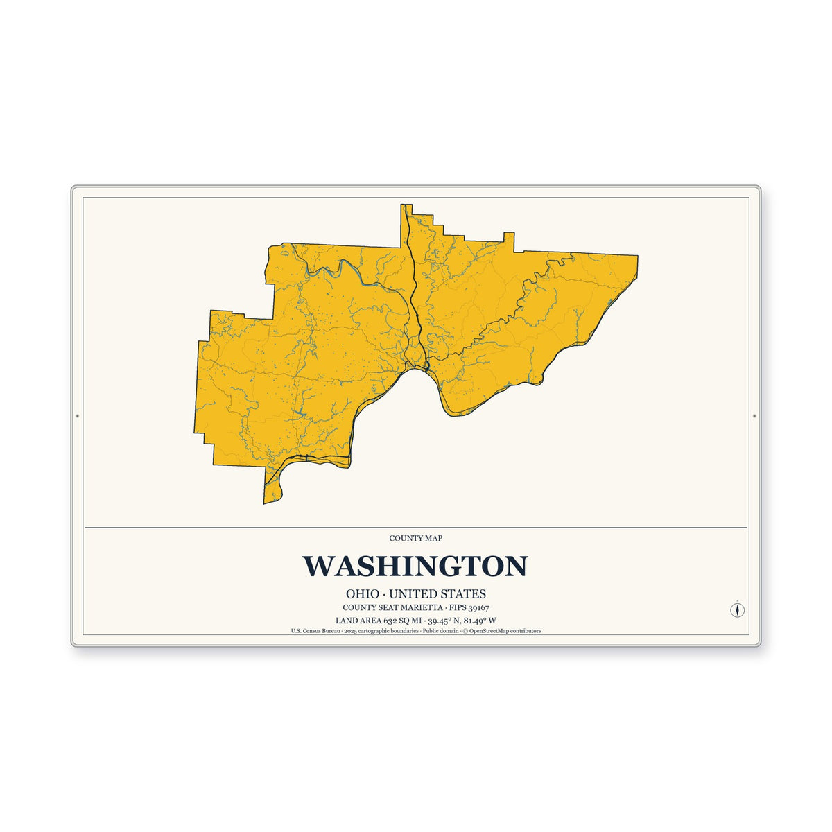 Washington County, Ohio Map Aluminum Sign in Citrine Modern style