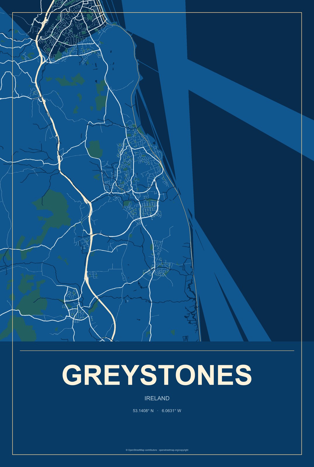 Greystones, Ireland City Map Aluminum Sign in Harbor Cobalt style