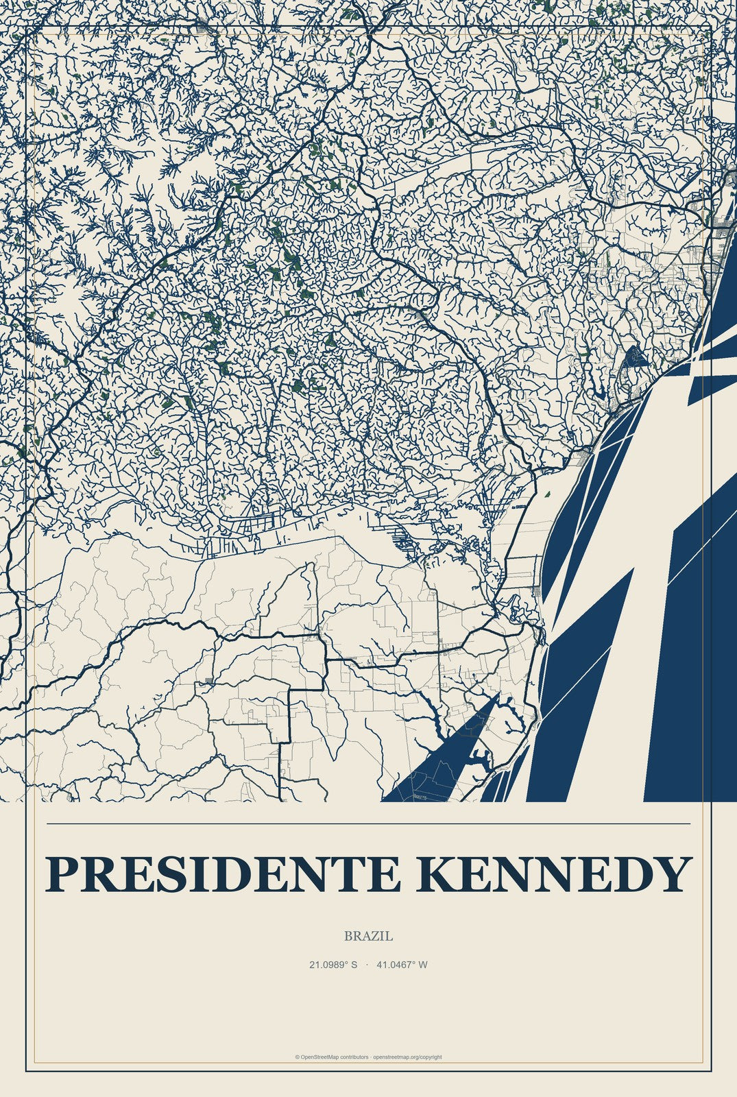 Presidente Kennedy, Brazil City Map Aluminum Sign in Coastal Cutout style