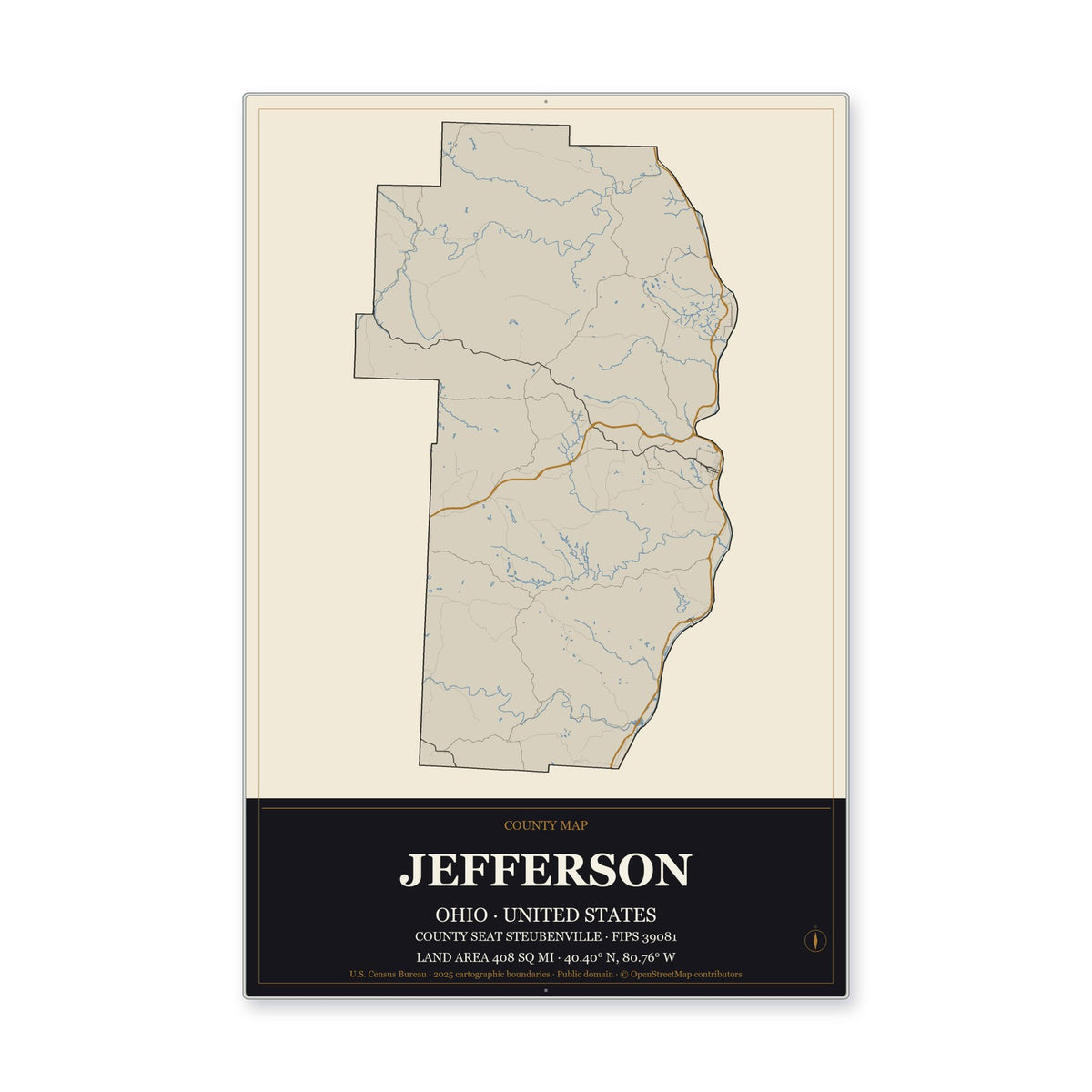 Jefferson County, Ohio Map Aluminum Sign in Museum Plaque style