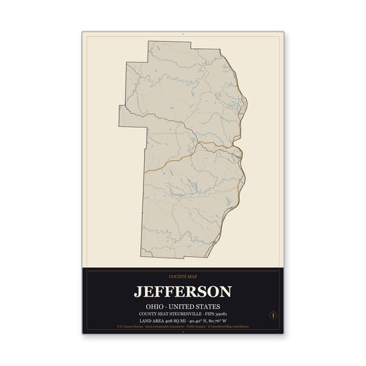 Jefferson County, Ohio Map Aluminum Sign in Museum Plaque style