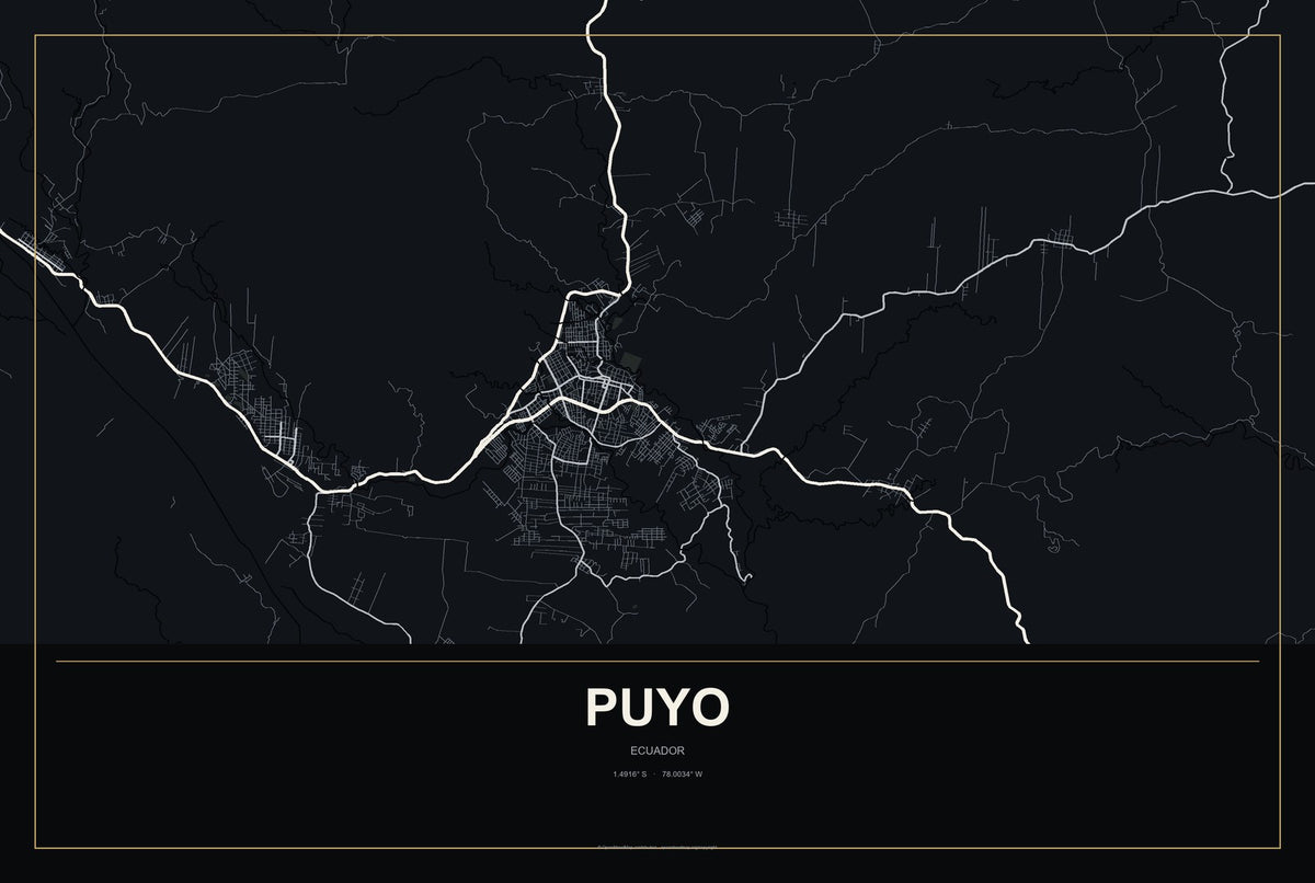 Puyo, Ecuador City Map Aluminum Sign in Metropolitan Noir style
