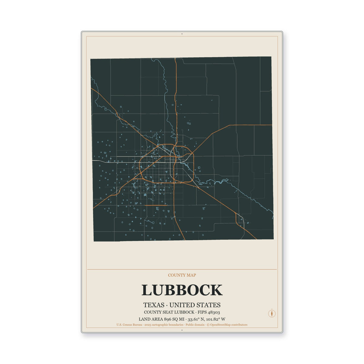 Lubbock County, Texas Map Aluminum Sign in Headline Atlas style