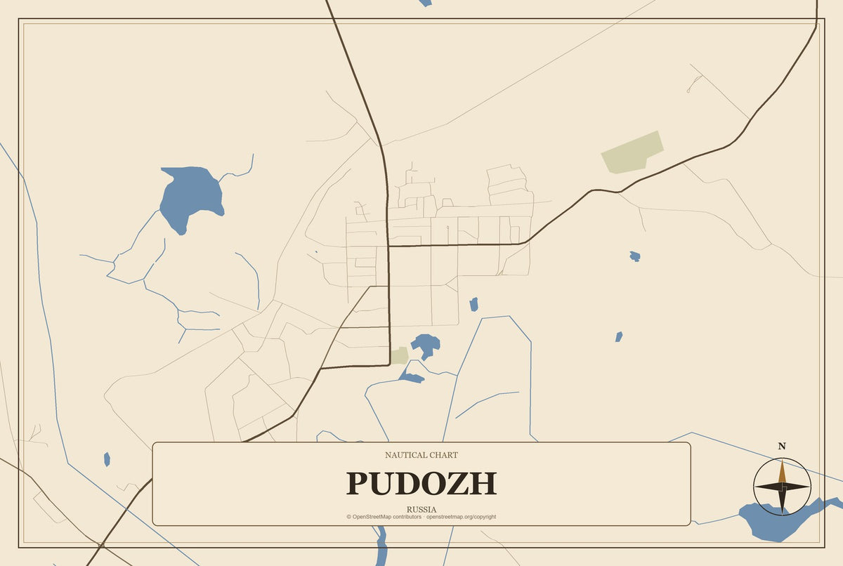 Pudozh, Russia City Map Aluminum Sign in Heritage Nautical style