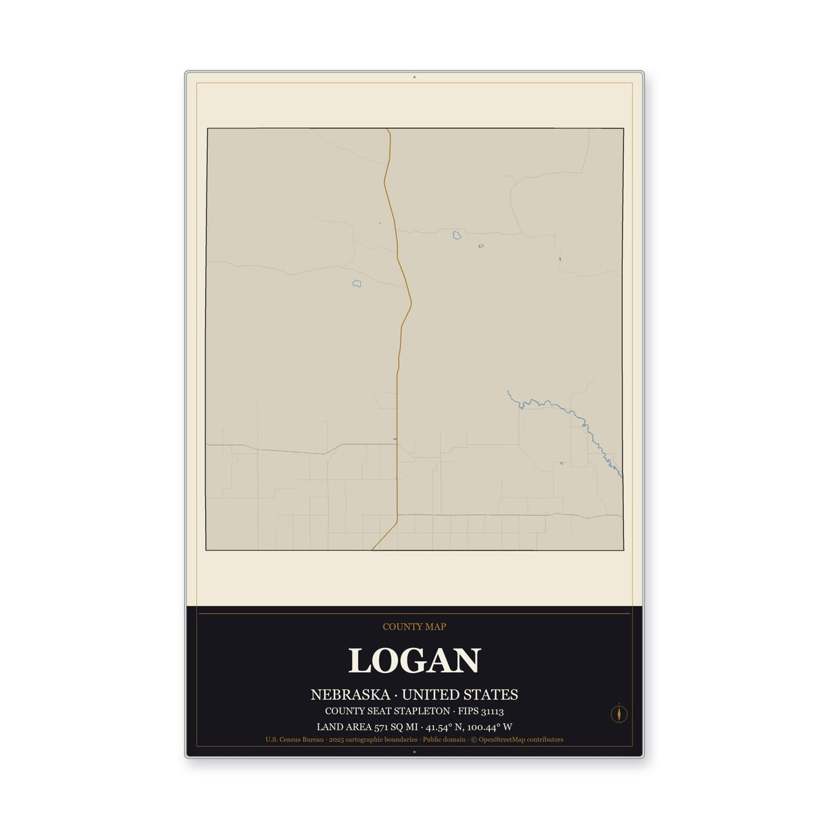 Logan County, Nebraska Map Aluminum Sign in Museum Plaque style