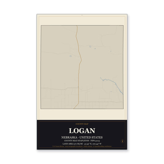 Logan County, Nebraska Map Aluminum Sign in Museum Plaque style