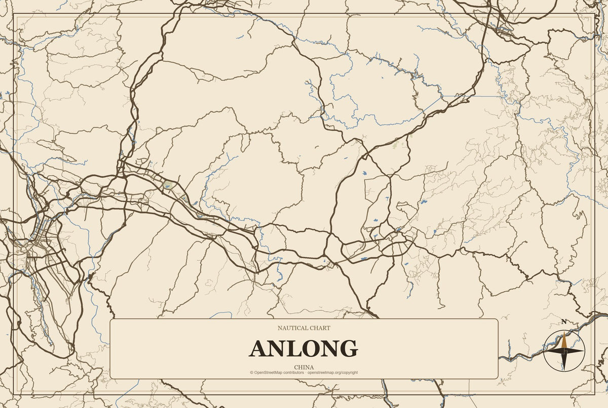 Anlong, China City Map Aluminum Sign in Heritage Nautical style