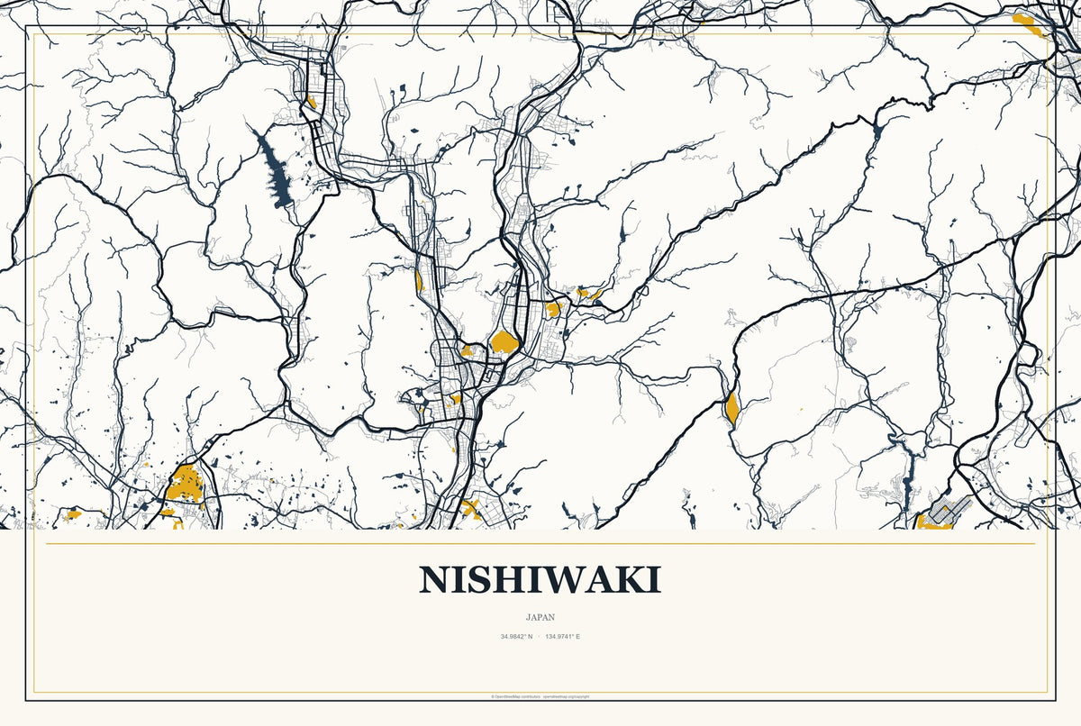 Nishiwaki, Japan City Map Aluminum Sign in Citrine Modern style