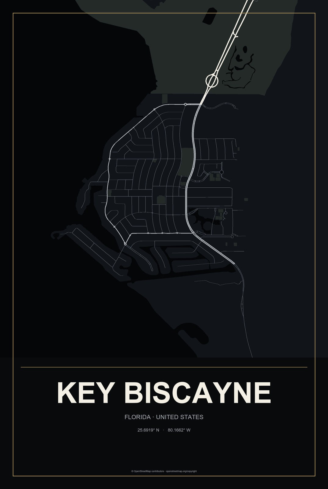 Key Biscayne, Florida City Map Aluminum Sign in Metropolitan Noir style