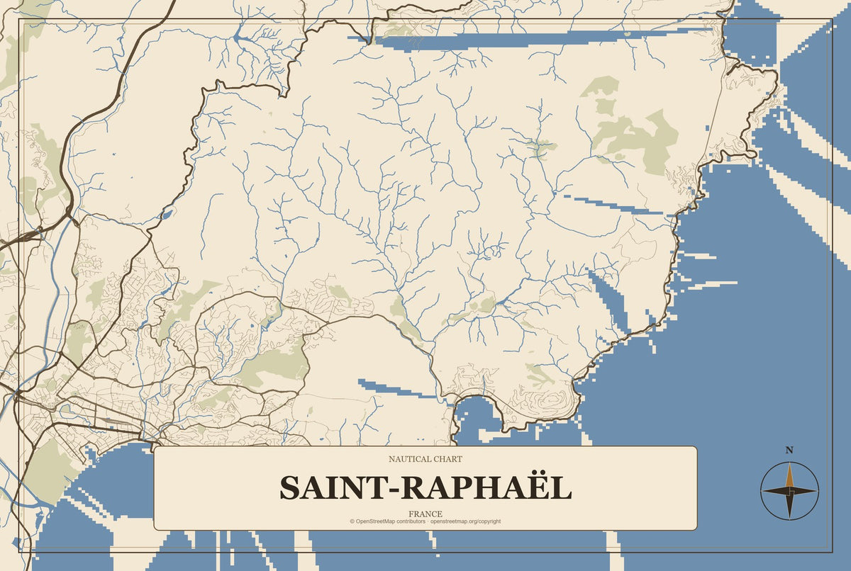 Saint-Raphaël, France City Map Aluminum Sign in Heritage Nautical style