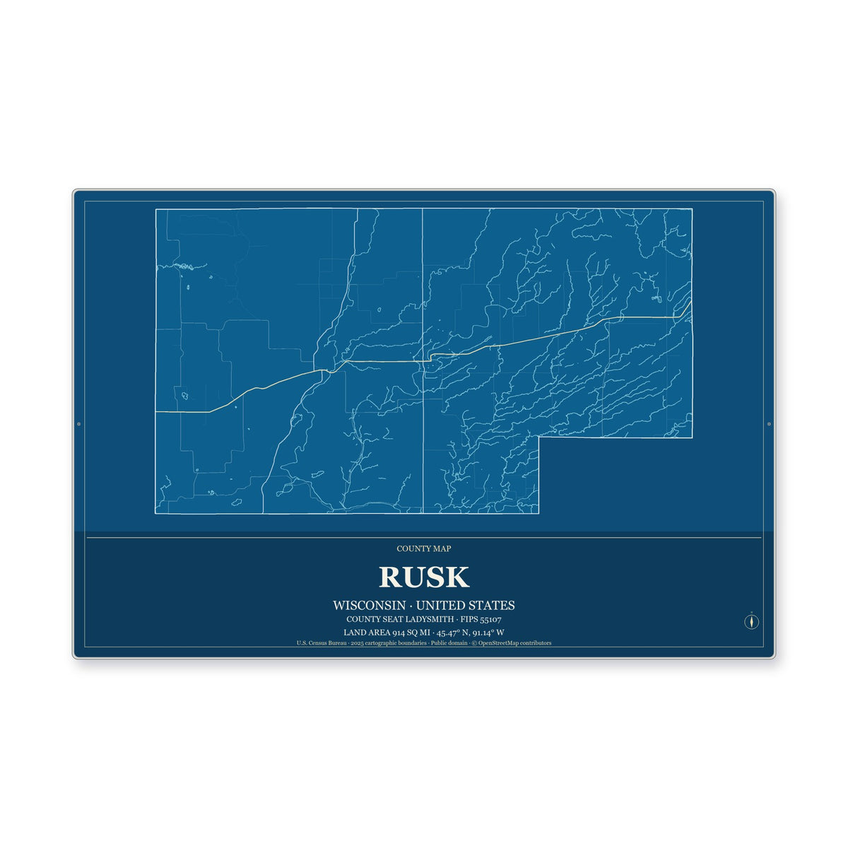 Rusk County, Wisconsin Map Aluminum Sign in Harbor Cobalt style