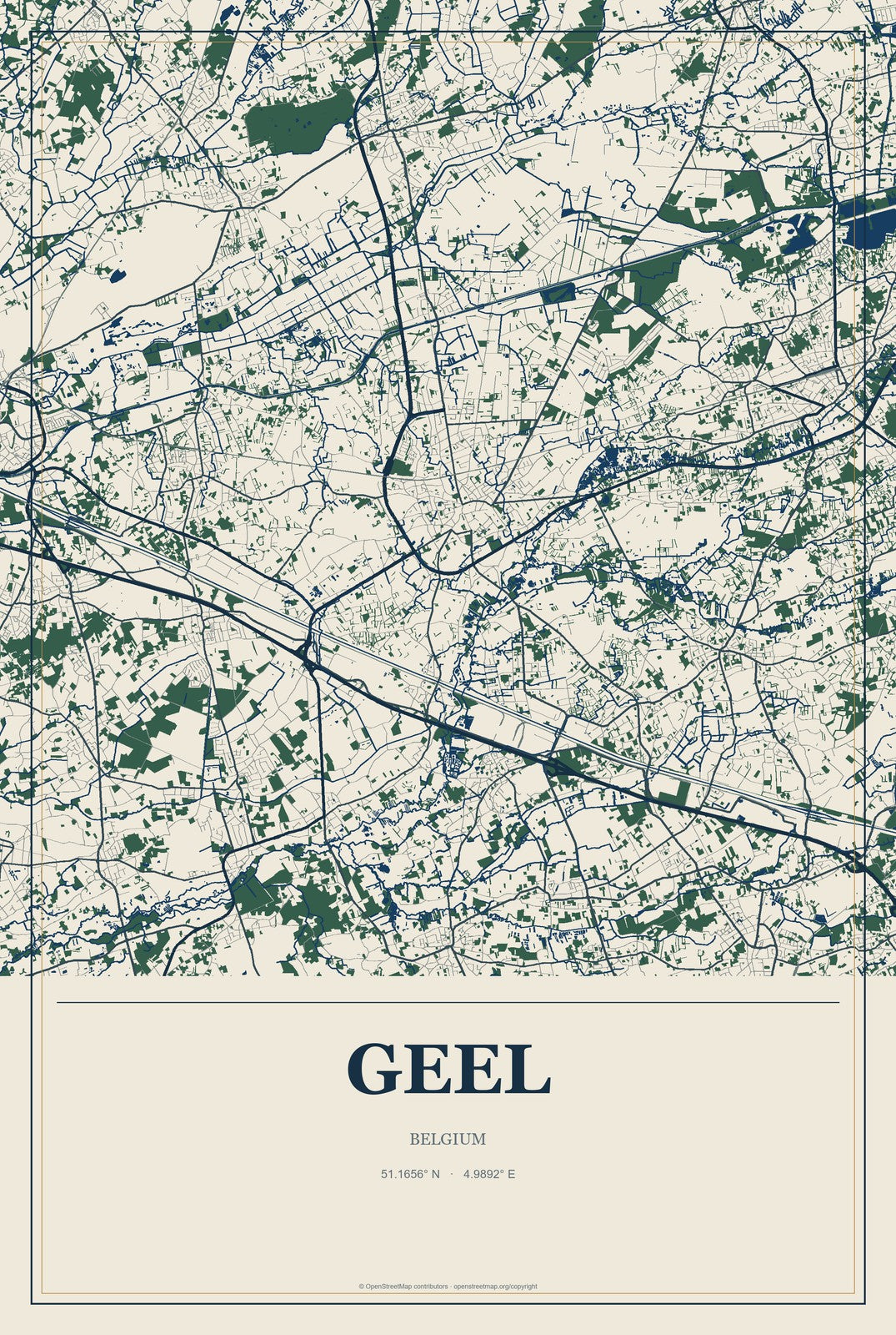 Geel, Belgium City Map Aluminum Sign in Coastal Cutout style