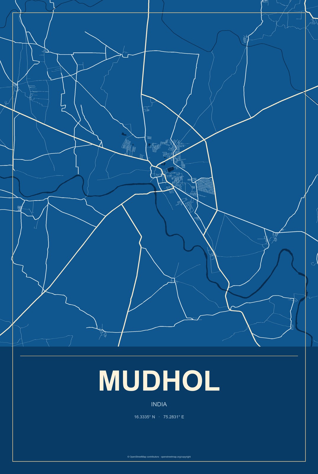 Mudhol, India City Map Aluminum Sign in Harbor Cobalt style
