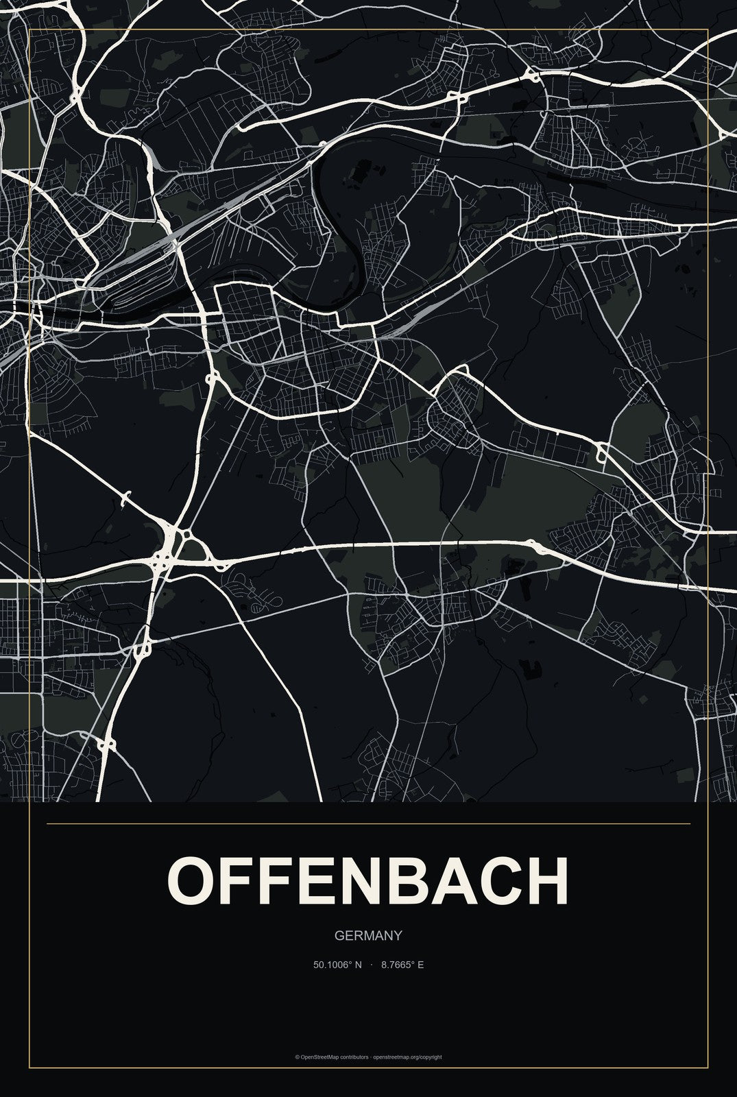 Offenbach, Germany City Map Aluminum Sign in Metropolitan Noir style