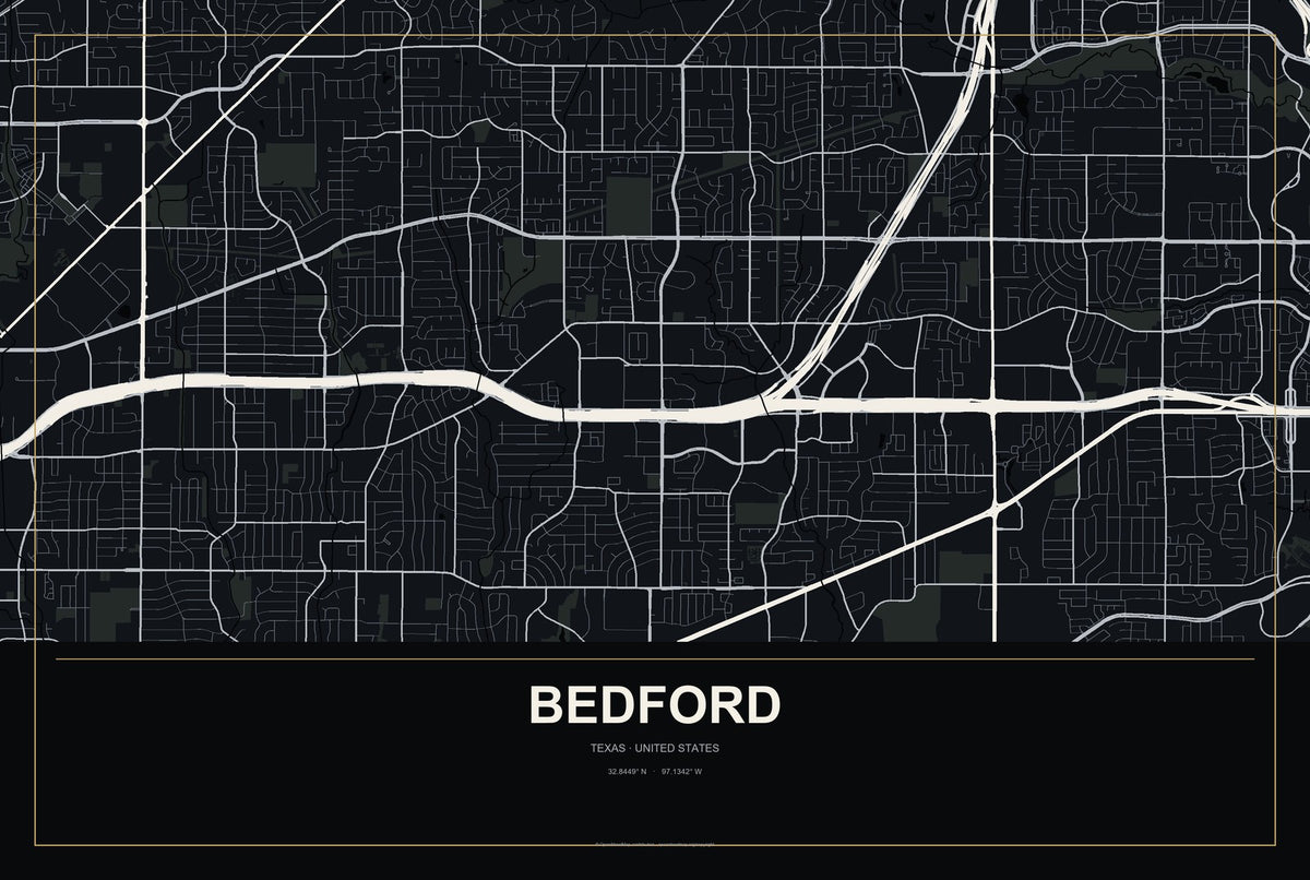 Bedford, Texas City Map Aluminum Sign in Metropolitan Noir style