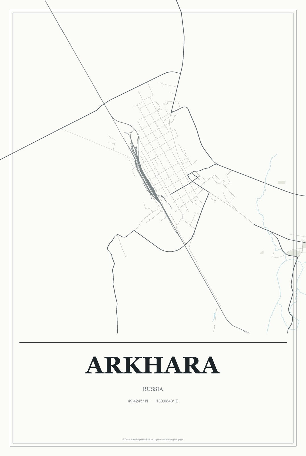 Arkhara, Russia City Map Aluminum Sign in Gallery Air style