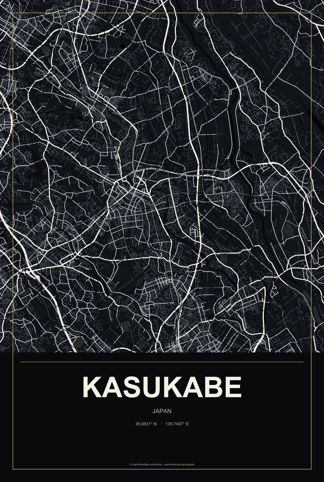 Kasukabe, Japan City Map Aluminum Sign in Metropolitan Noir style
