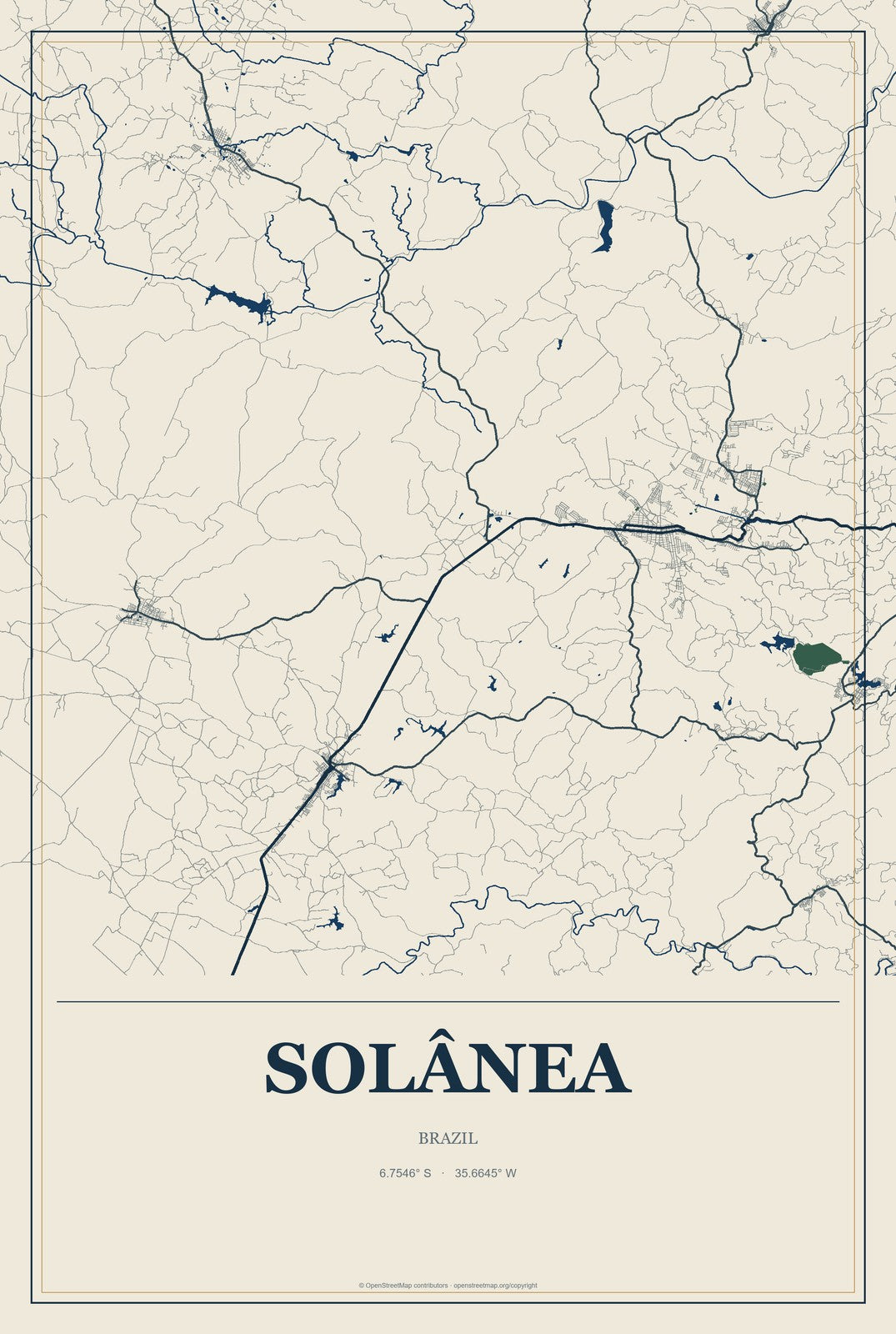 Solânea, Brazil City Map Aluminum Sign in Coastal Cutout style