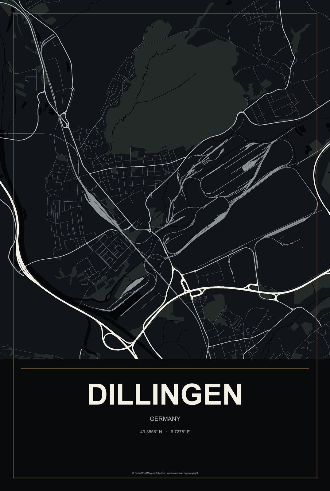 Dillingen, Germany City Map Aluminum Sign in Metropolitan Noir style