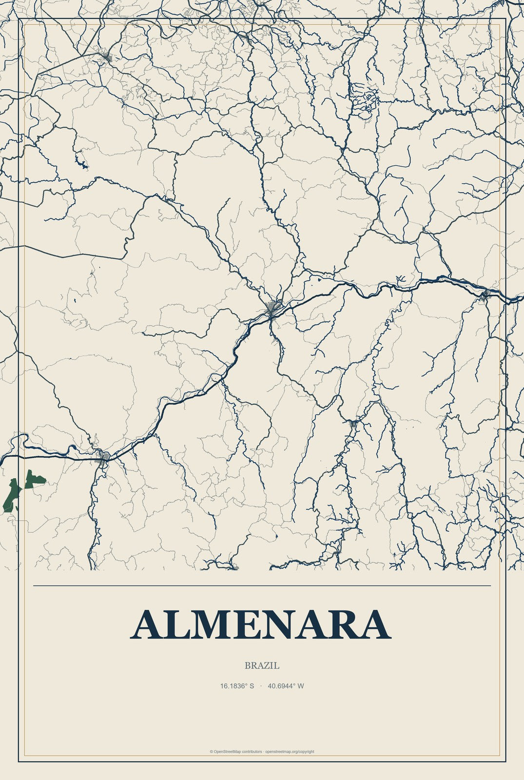 Almenara, Brazil City Map Aluminum Sign in Coastal Cutout style