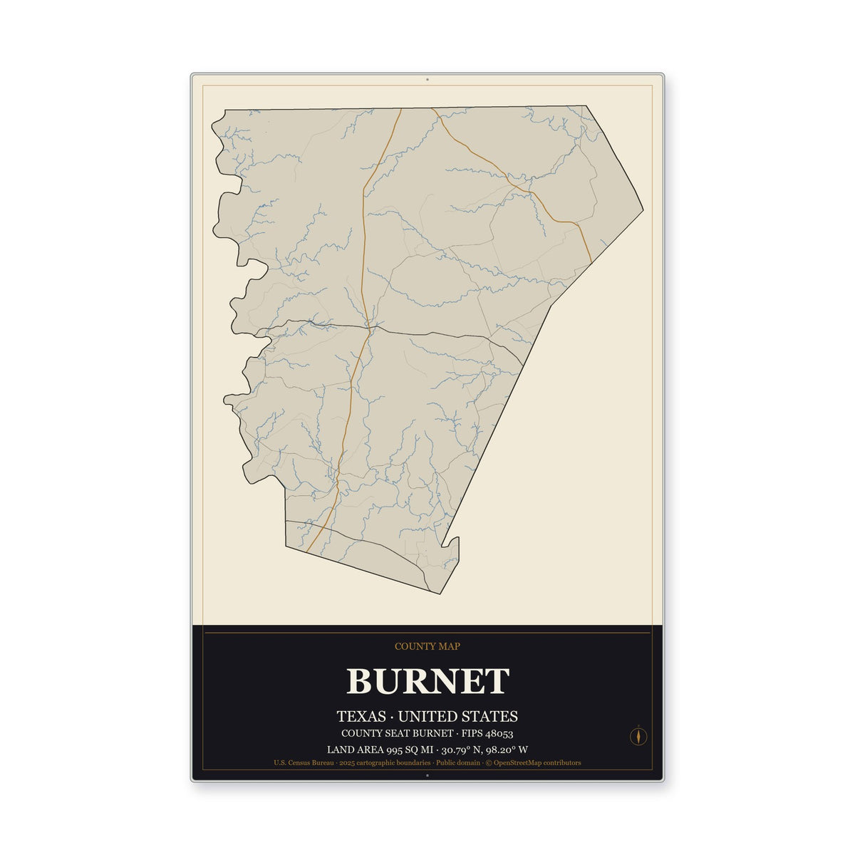 Burnet County, Texas Map Aluminum Sign in Museum Plaque style