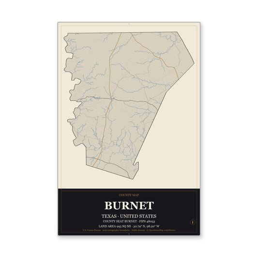 Burnet County, Texas Map Aluminum Sign in Museum Plaque style
