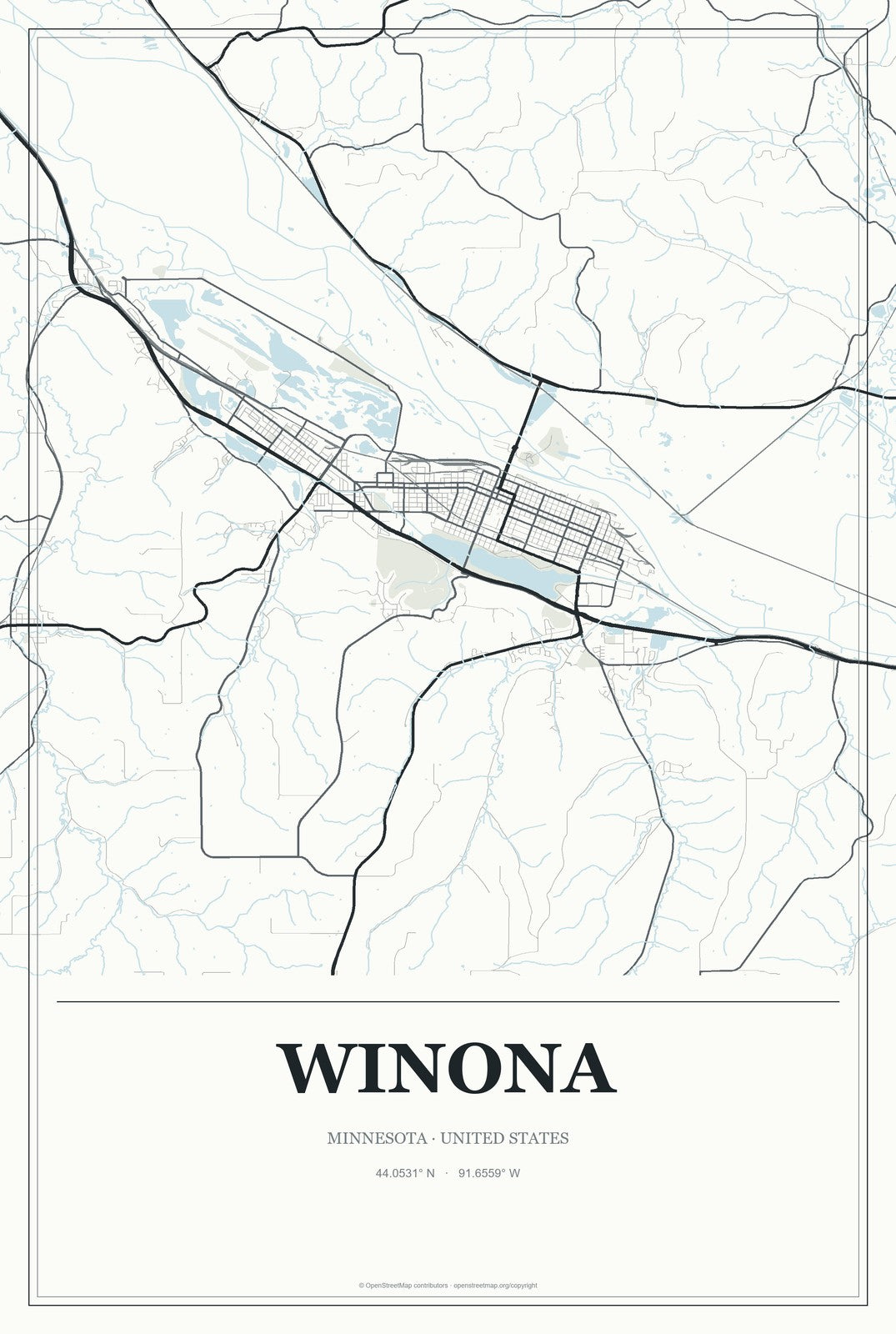 Winona, Minnesota City Map Aluminum Sign in Gallery Air style