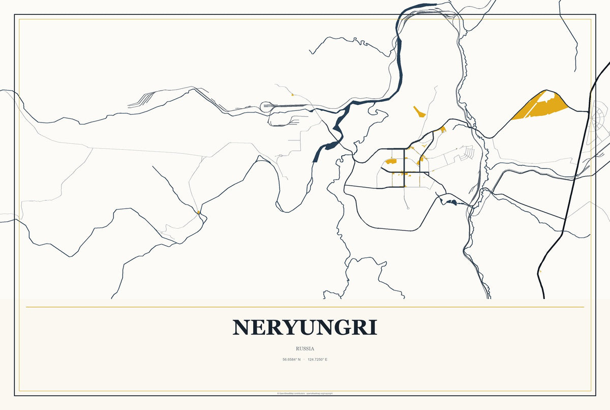Neryungri, Russia City Map Aluminum Sign in Citrine Modern style
