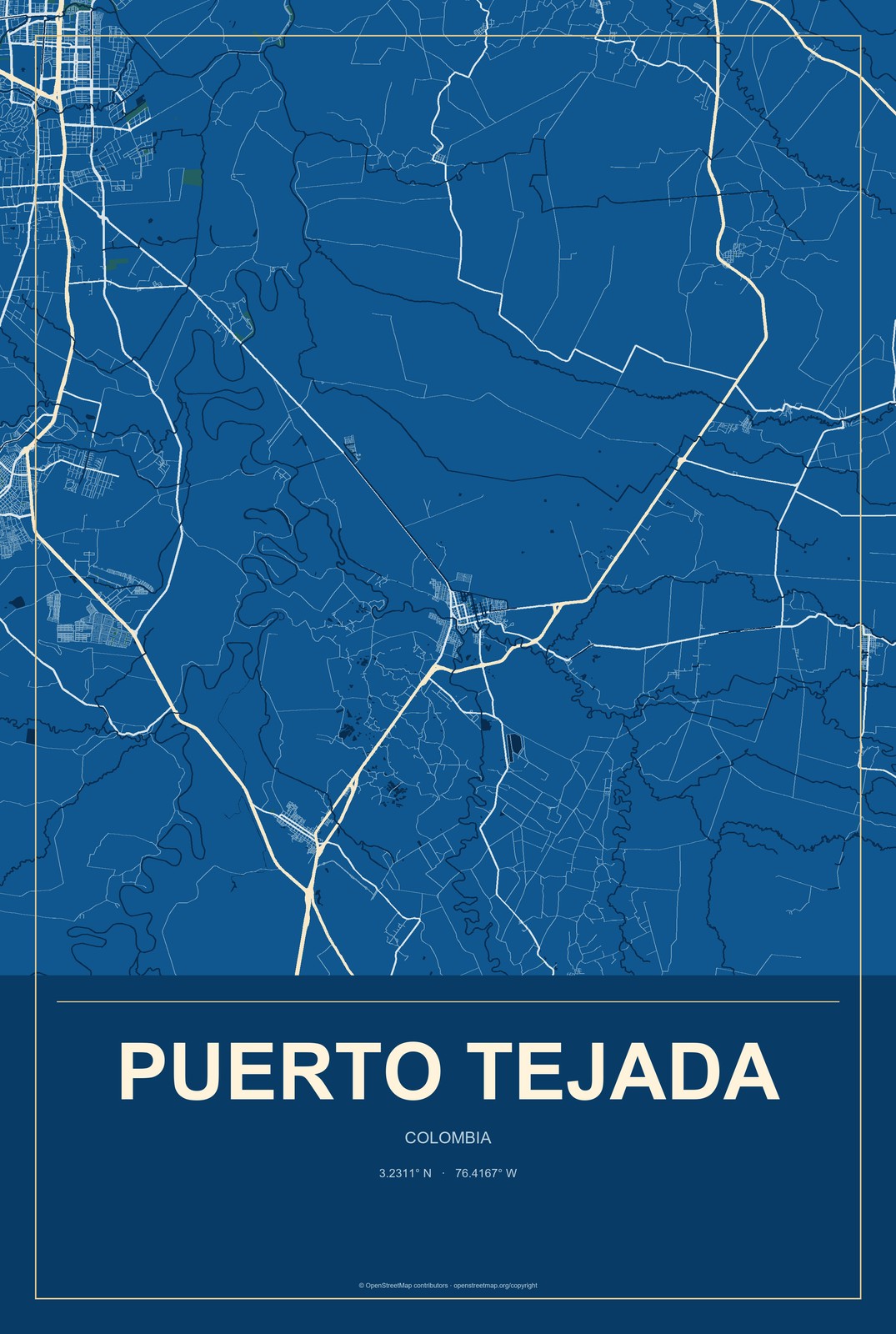 Puerto Tejada, Colombia City Map Aluminum Sign in Harbor Cobalt style
