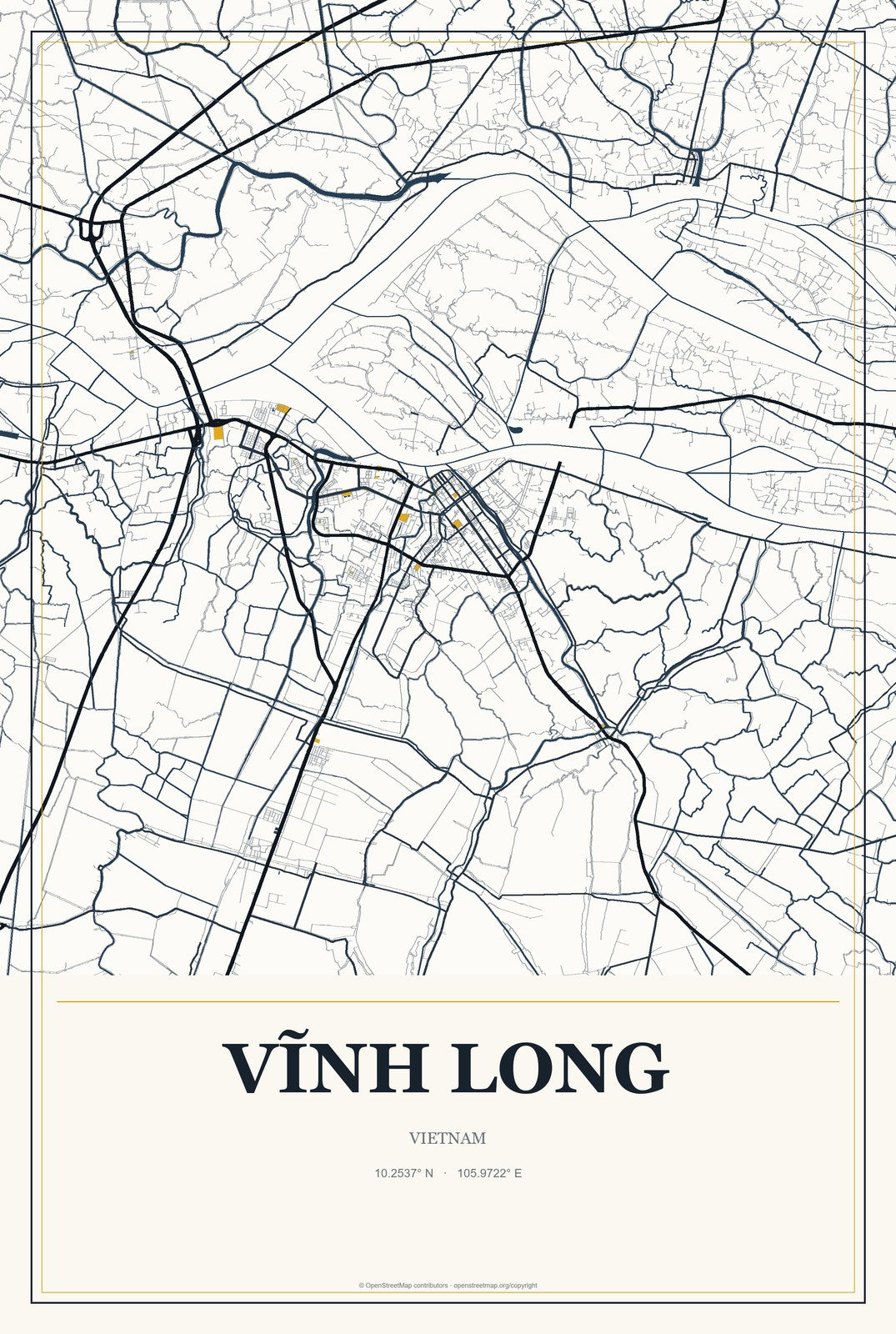 Vĩnh Long, Vietnam City Map Aluminum Sign in Citrine Modern style
