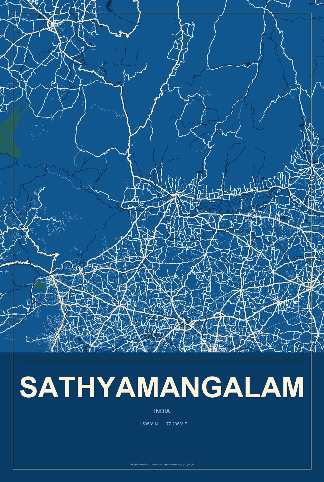 Sathyamangalam, India City Map Aluminum Sign in Harbor Cobalt style