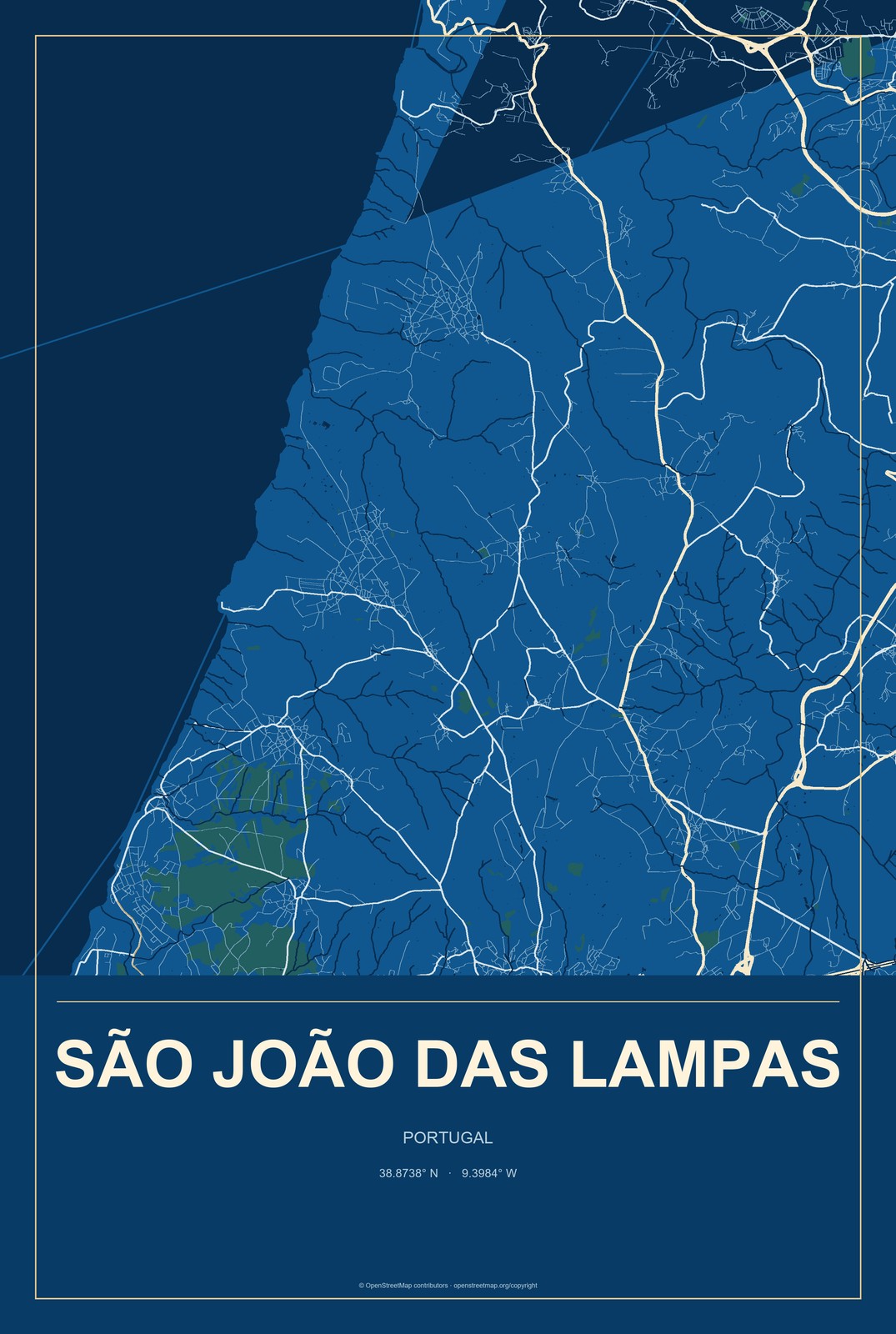 São João das Lampas, Portugal City Map Aluminum Sign in Harbor Cobalt style