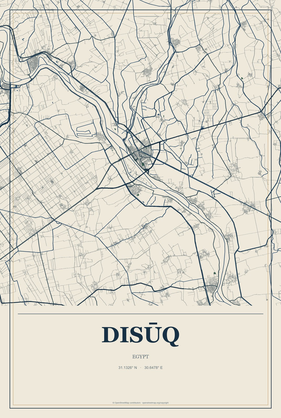 Disūq, Egypt City Map Aluminum Sign in Coastal Cutout style