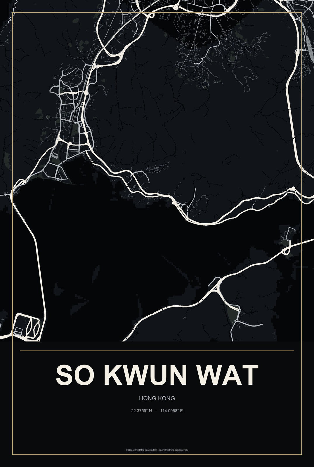 So Kwun Wat, Hong Kong City Map Aluminum Sign in Metropolitan Noir style