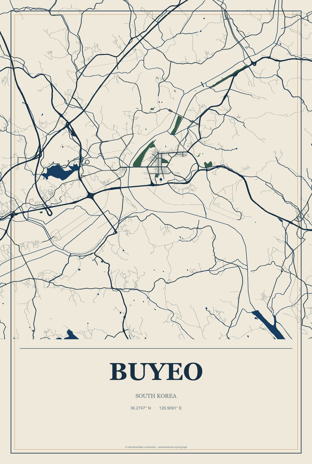 Buyeo, South Korea City Map Aluminum Sign in Coastal Cutout style