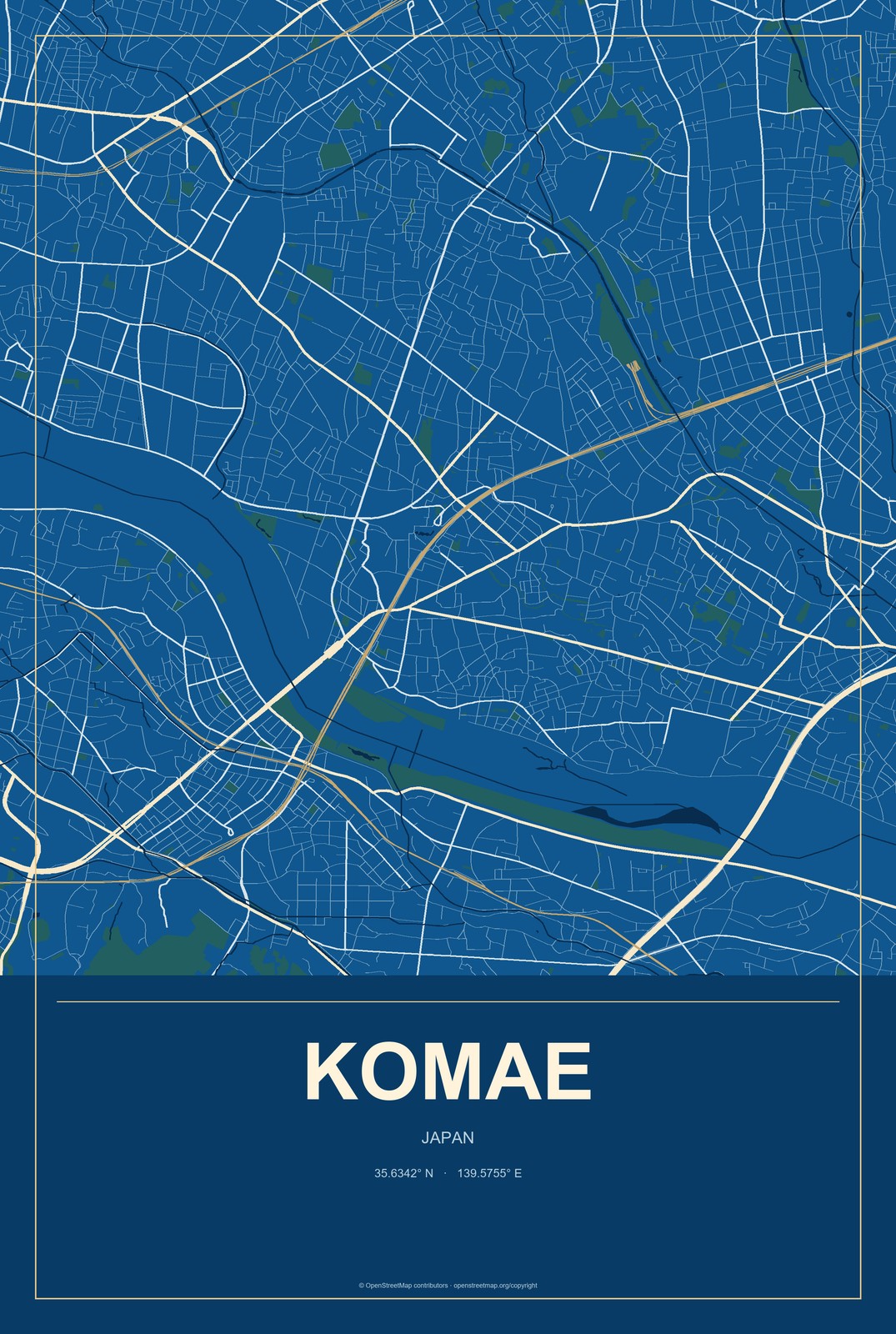 Komae, Japan City Map Aluminum Sign in Harbor Cobalt style