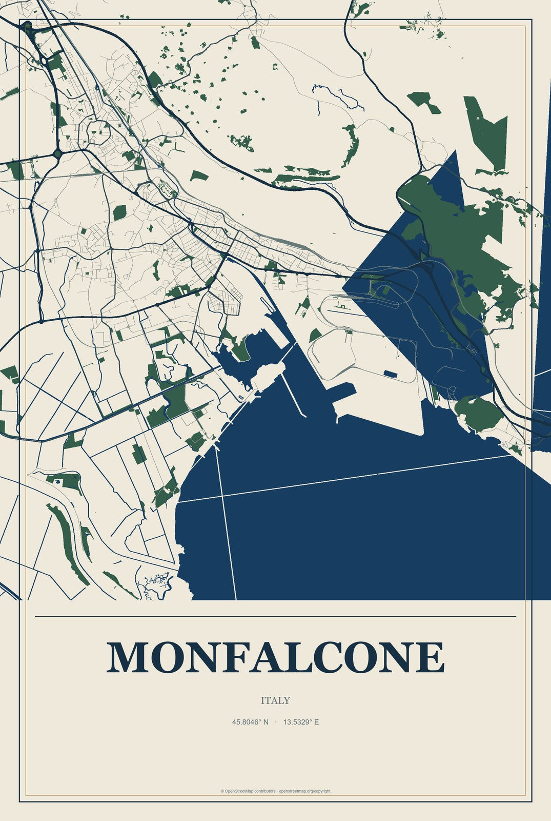 Monfalcone, Italy City Map Aluminum Sign in Coastal Cutout style
