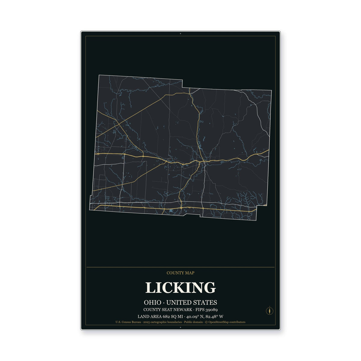 Licking County, Ohio Map Aluminum Sign in Metropolitan Noir style