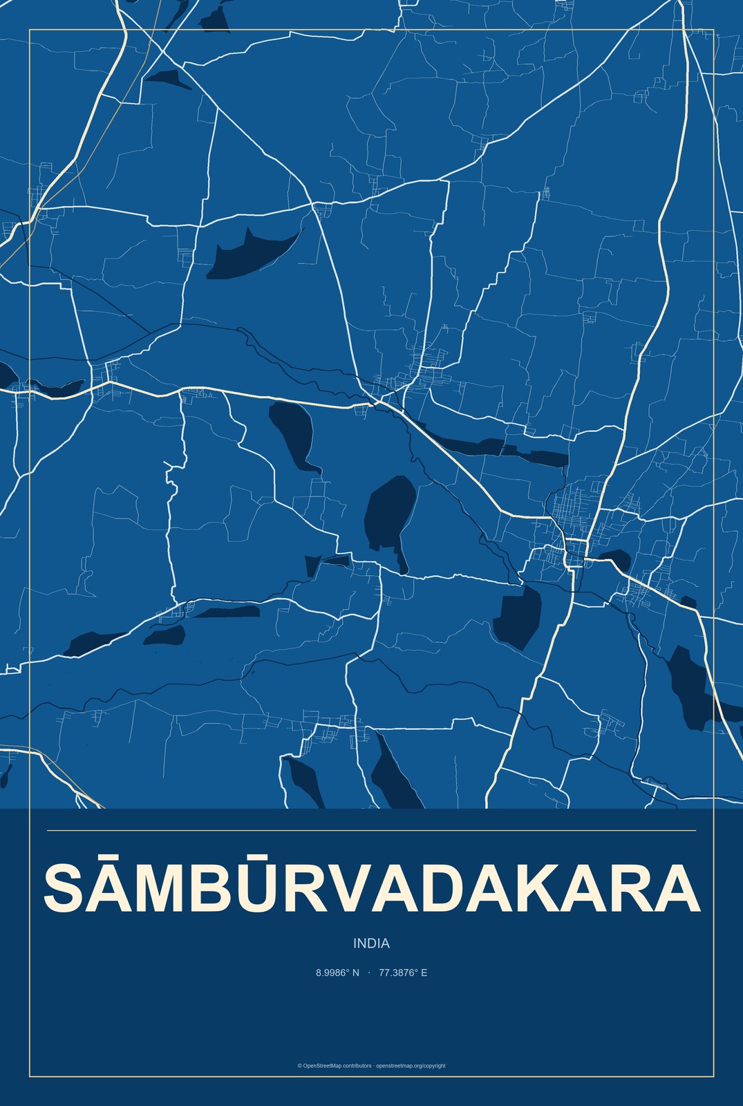 Sāmbūrvadakara, India City Map Aluminum Sign in Harbor Cobalt style